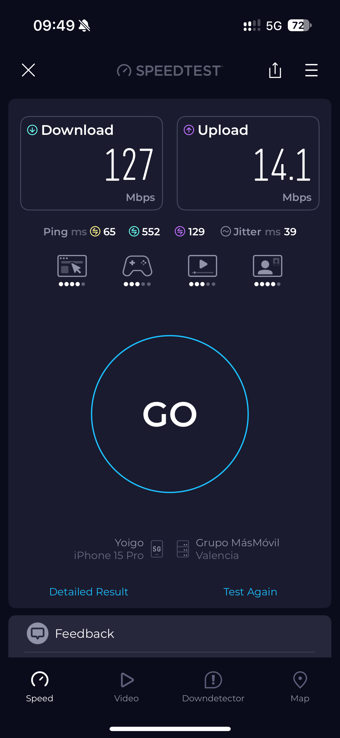 Ookla-Speedtest-Ergebnisse auf ByteSIMs Spanien-eSIM mit 127 Mbit/s Download und 14,1 Mbit/s Upload, verbunden &uuml;ber das Yoigo-Netz in der N&auml;he von Valencia auf einem iPhone 15 Pro