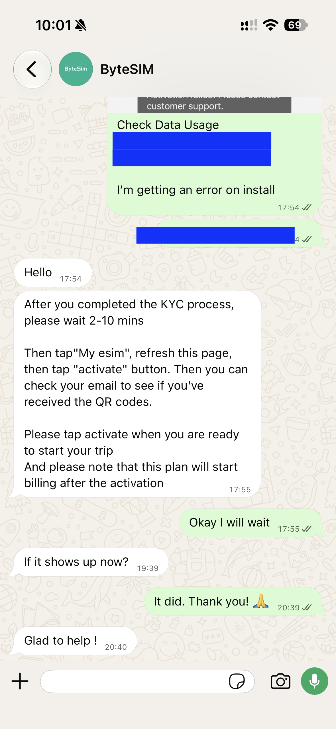 WhatsApp-Unterhaltung mit dem ByteSIM-Support, in der ein Mitarbeiter erkl&auml;rt, dass der Tarif erst nach der Aktivierung abgerechnet wird, und sich fast zwei Stunden sp&auml;ter erkundigt, ob die eSIM online gegangen ist