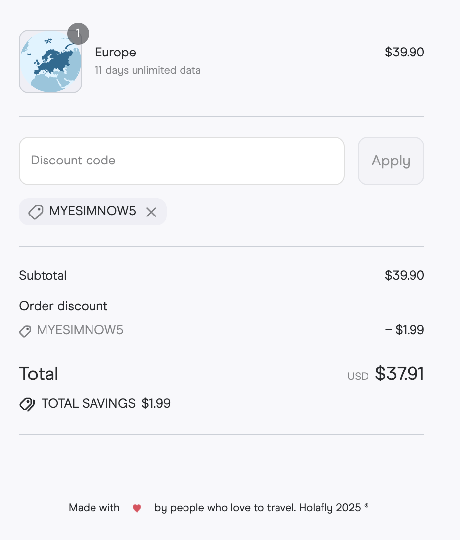 Proof that MYESIMNOW5 code works for Holafly