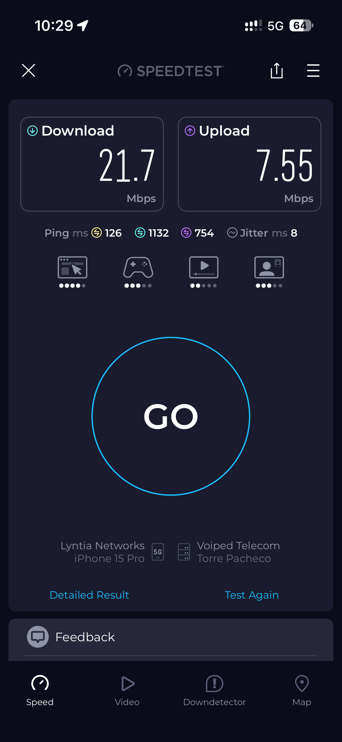 Ookla Speedtest results on the Holafly Spain eSIM showing 21.7 Mbps download and 7.55 Mbps upload, connected to Lyntia Networks